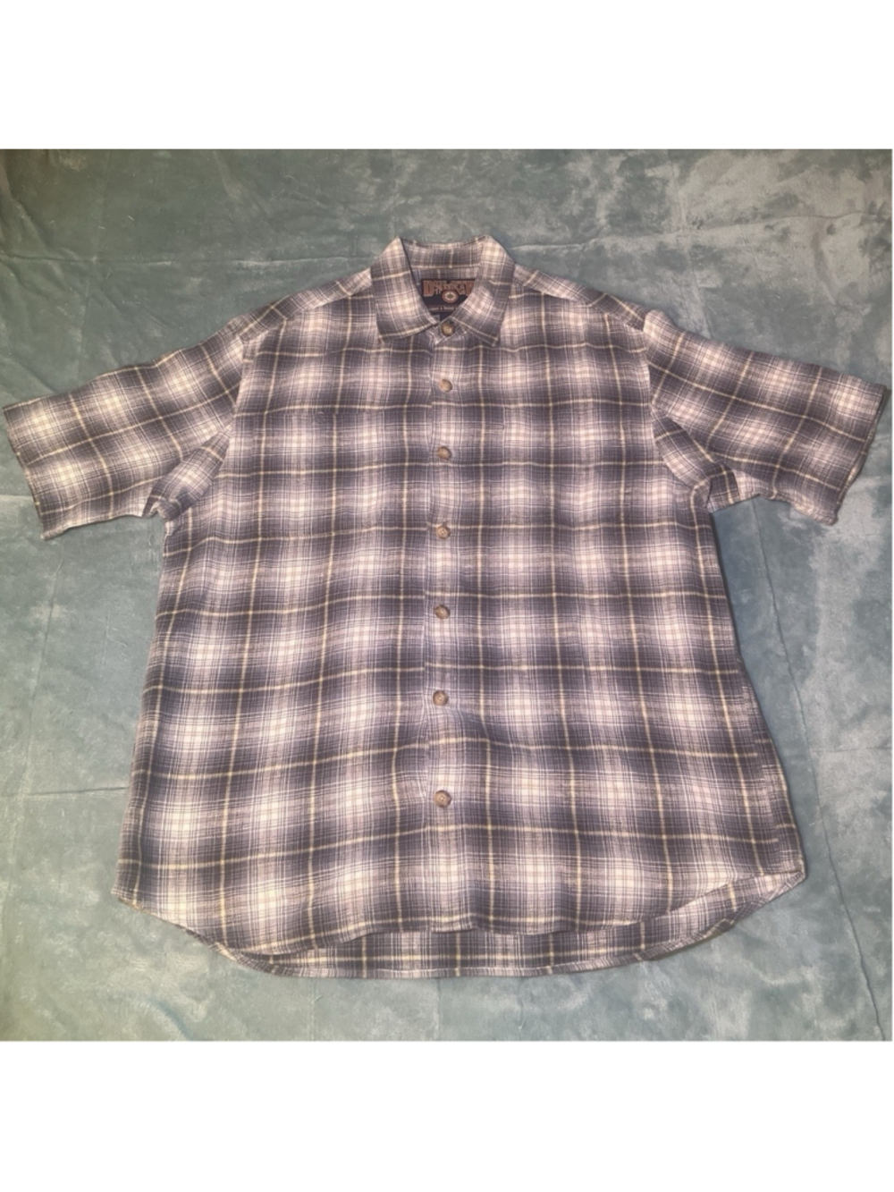 Vintage Brown, blue, & White Plaid flannel short sleeve Shirt Duluth Trading